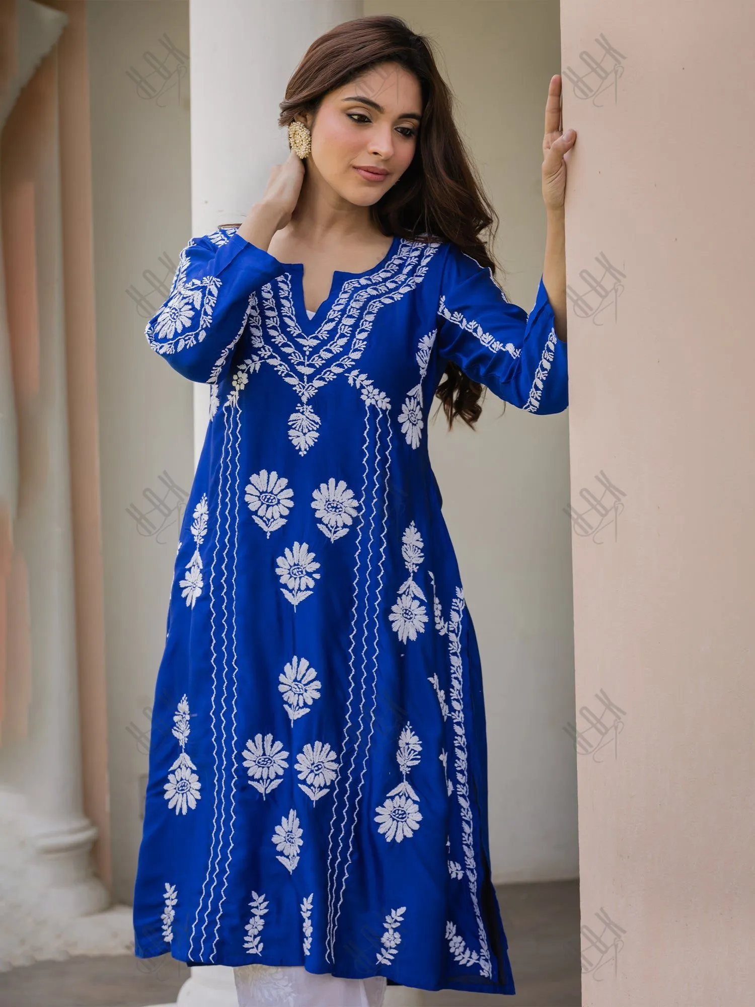 Long Blue Saba Chikankari Kurta in Luxurious Barfi Silk
