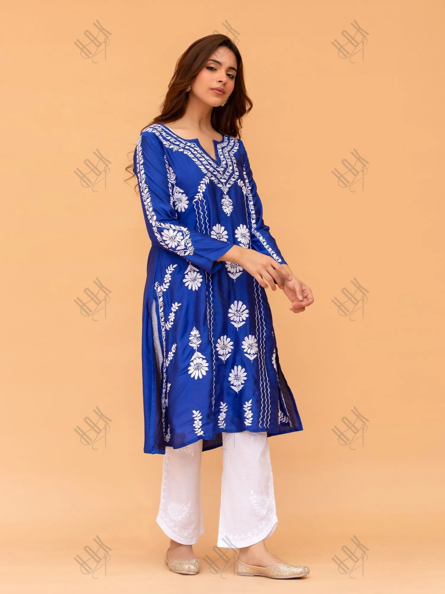 Long Blue Saba Chikankari Kurta in Luxurious Barfi Silk