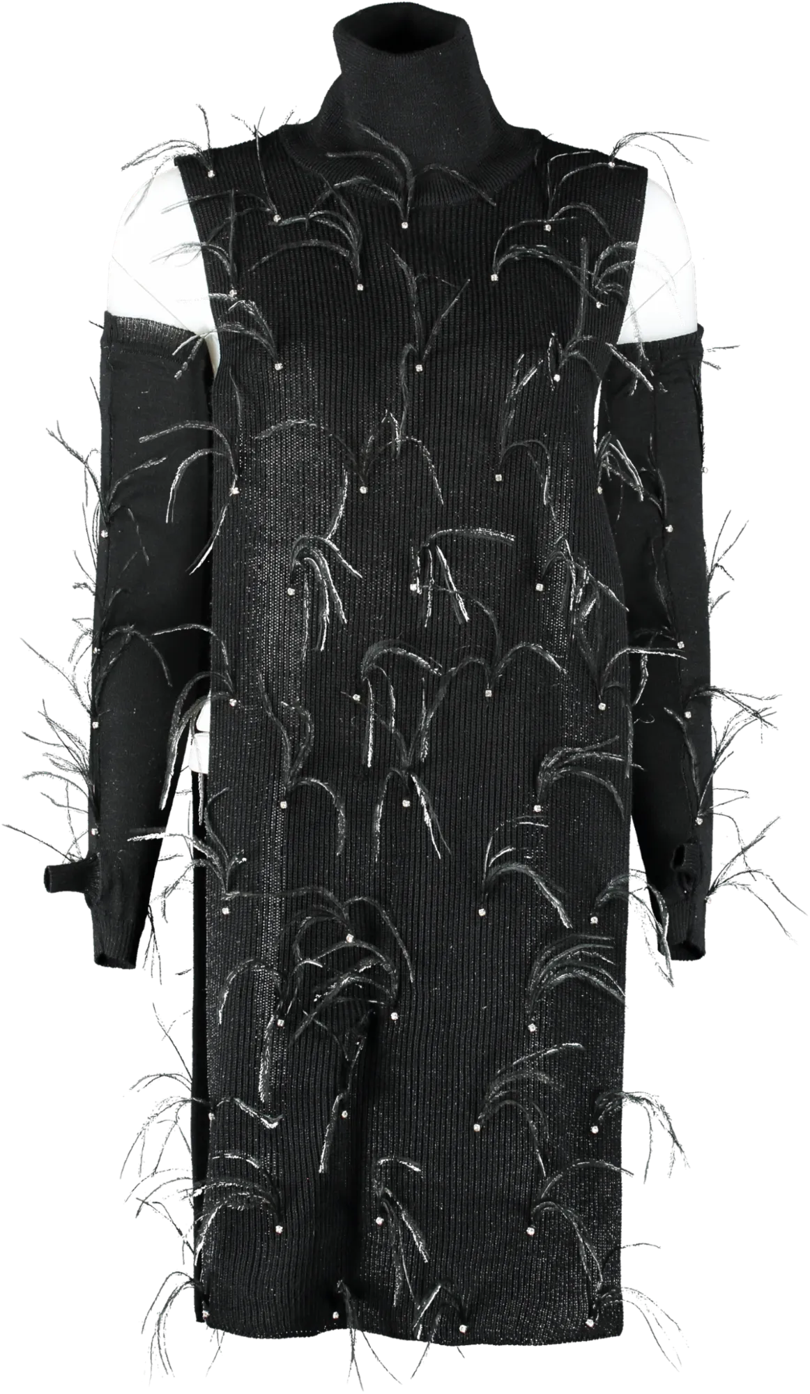 Santa Brands Black Crystal & Feather Embellished Open High Neck Sweater And Long Gloves Set One Size