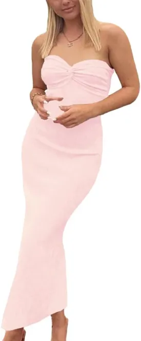 Sdencin Women Sexy Twist Knot Front Ribbed Knit Bodycon Bandeau Tube Dress Casual Solid Strapless Maxi Long Dress