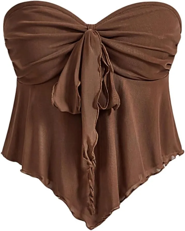 SHENHE Women's Strapless Tie Front Lettuce Trim Asymmetrical Flare Boho Tube Top