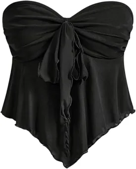 SHENHE Women's Strapless Tie Front Lettuce Trim Asymmetrical Flare Boho Tube Top
