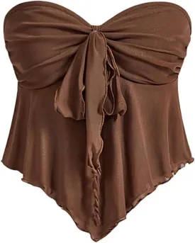 SHENHE Women's Strapless Tie Front Lettuce Trim Asymmetrical Flare Boho Tube Top