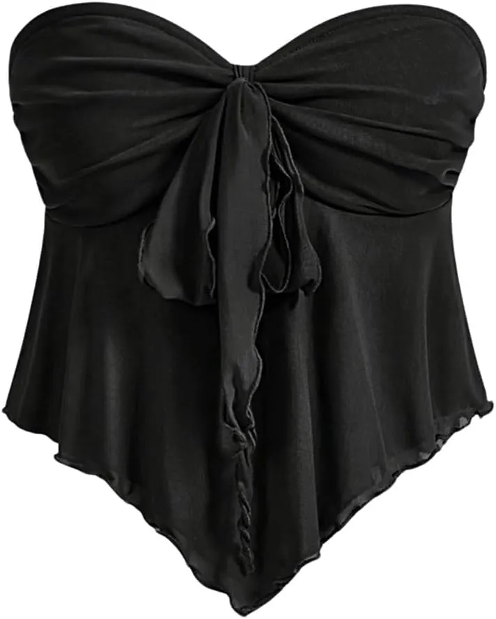 SHENHE Women's Strapless Tie Front Lettuce Trim Asymmetrical Flare Boho Tube Top