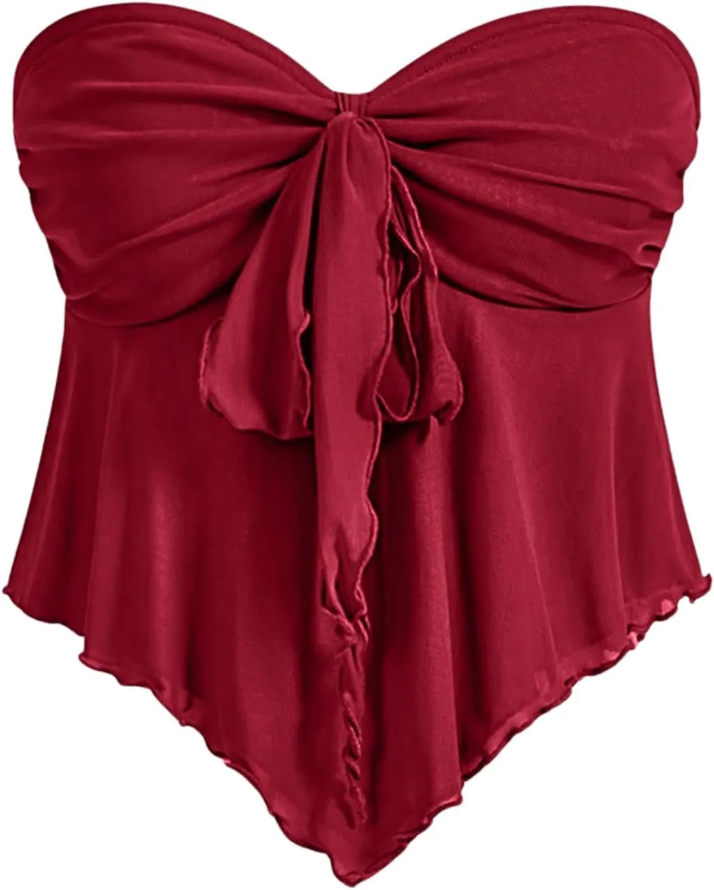 SHENHE Women's Strapless Tie Front Lettuce Trim Asymmetrical Flare Boho Tube Top