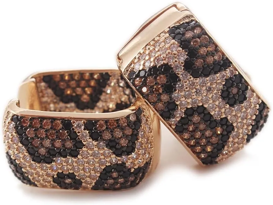 Shinny Animal Leopard Print Earrings Cubic Zirconia Paving Gold Plated Women Hoop Earrings Statement Chunky Circle Huggie Earrings