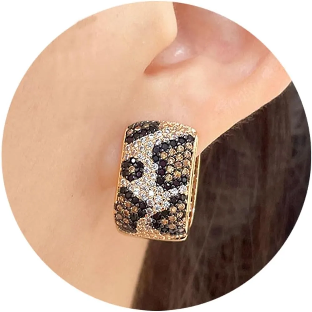 Shinny Animal Leopard Print Earrings Cubic Zirconia Paving Gold Plated Women Hoop Earrings Statement Chunky Circle Huggie Earrings