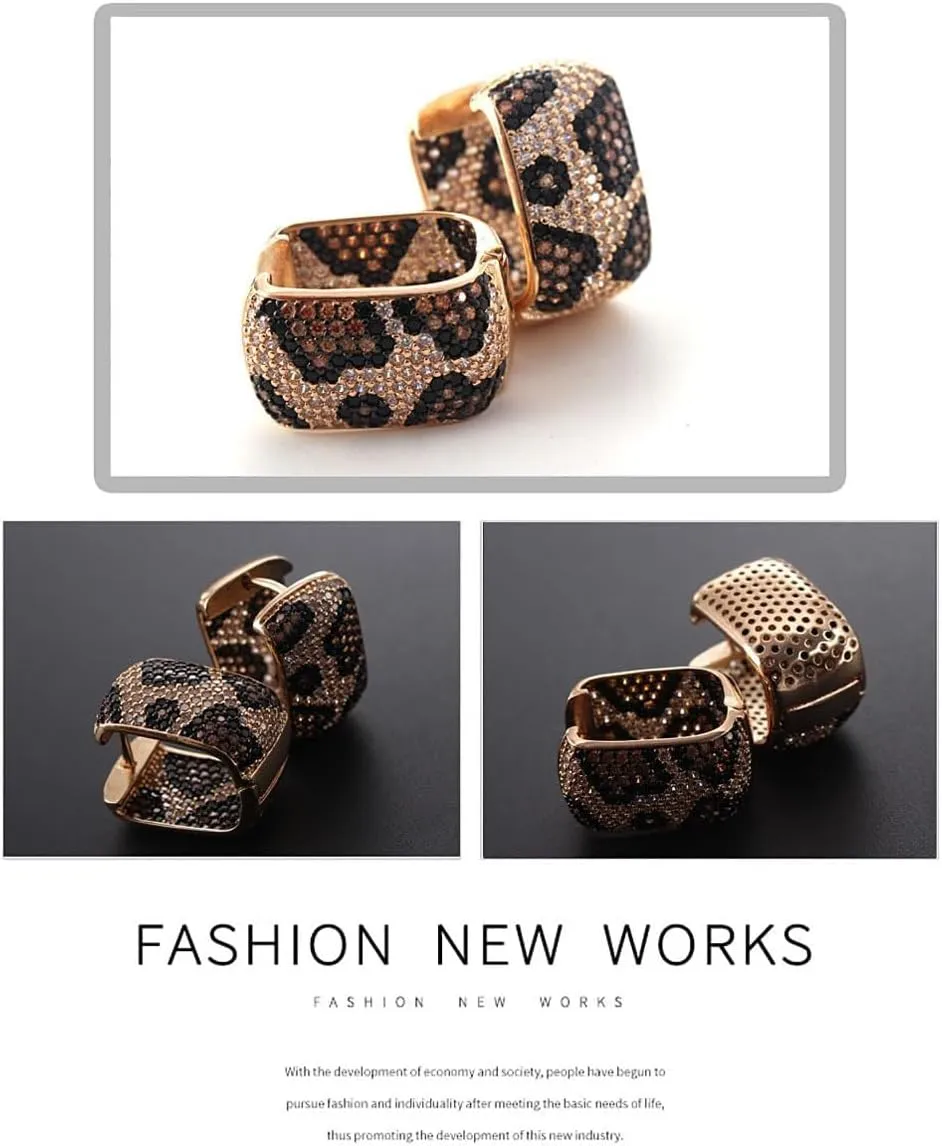 Shinny Animal Leopard Print Earrings Cubic Zirconia Paving Gold Plated Women Hoop Earrings Statement Chunky Circle Huggie Earrings