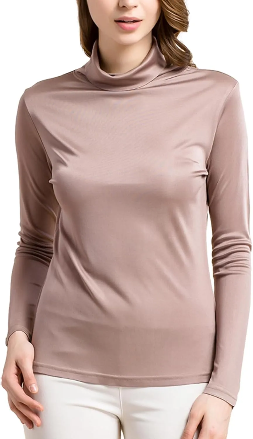Silk Tops Turtleneck Long Sleeve Silk T Shirt Ultra Soft Thermal Layer Tops Slim High Neck Blouse