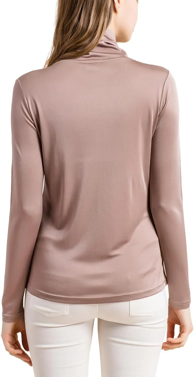 Silk Tops Turtleneck Long Sleeve Silk T Shirt Ultra Soft Thermal Layer Tops Slim High Neck Blouse