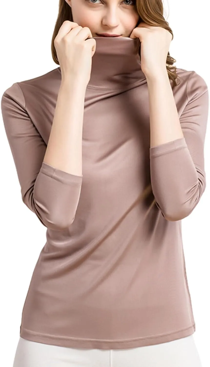 Silk Tops Turtleneck Long Sleeve Silk T Shirt Ultra Soft Thermal Layer Tops Slim High Neck Blouse