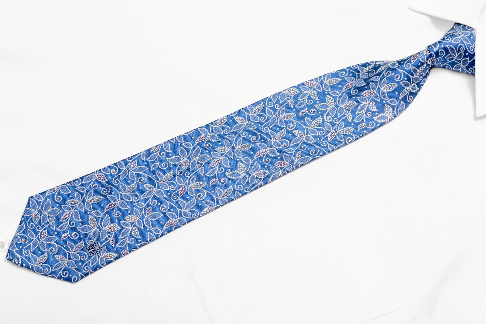Silver Floral On Pale Blue Rhinestone Silk Necktie With Silver Sparkles