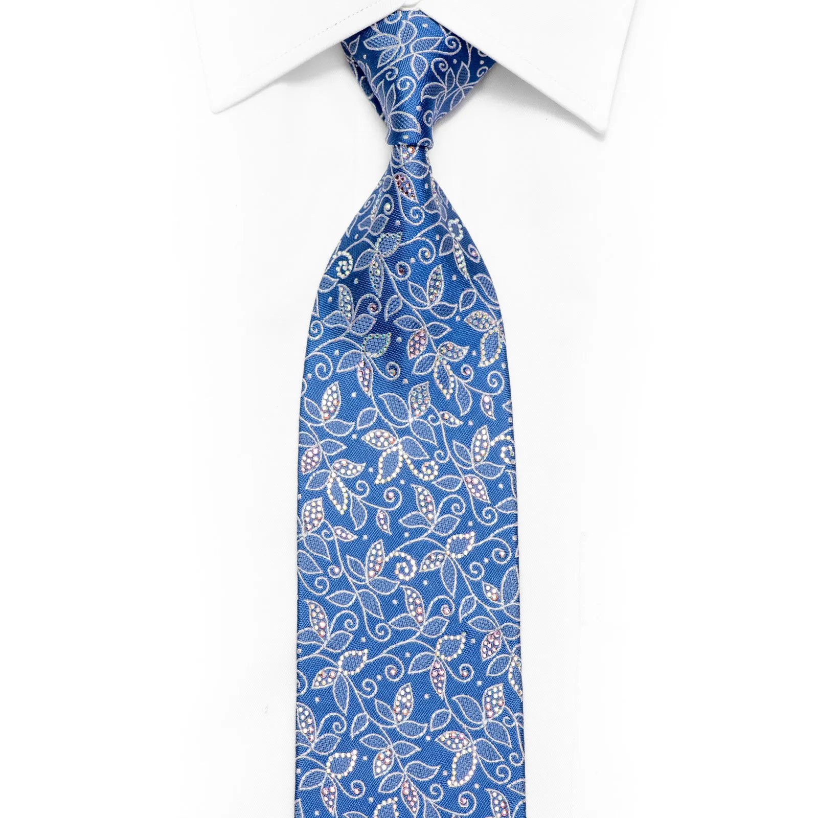 Silver Floral On Pale Blue Rhinestone Silk Necktie With Silver Sparkles