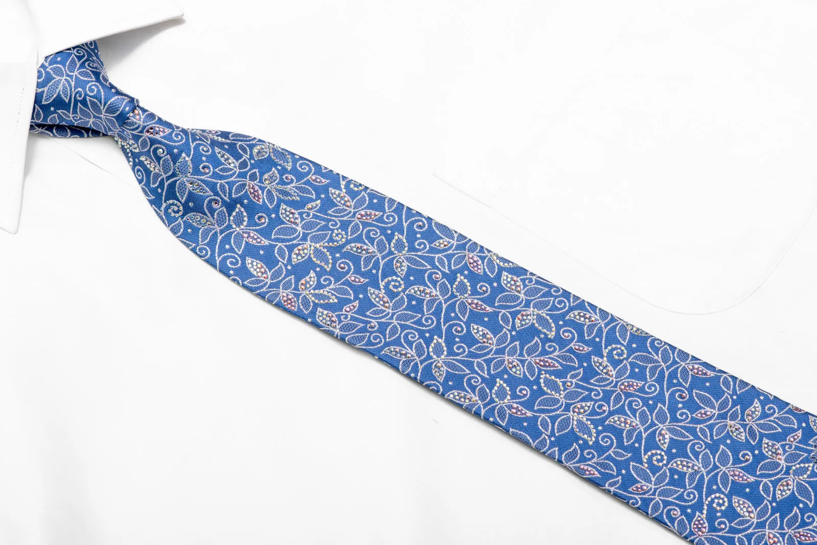 Silver Floral On Pale Blue Rhinestone Silk Necktie With Silver Sparkles