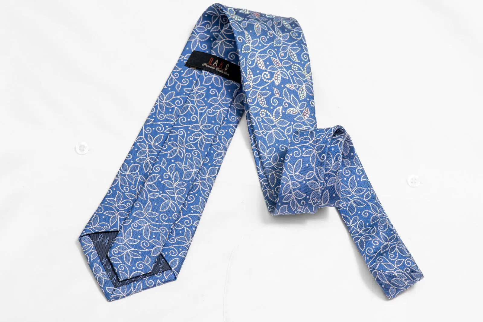 Silver Floral On Pale Blue Rhinestone Silk Necktie With Silver Sparkles