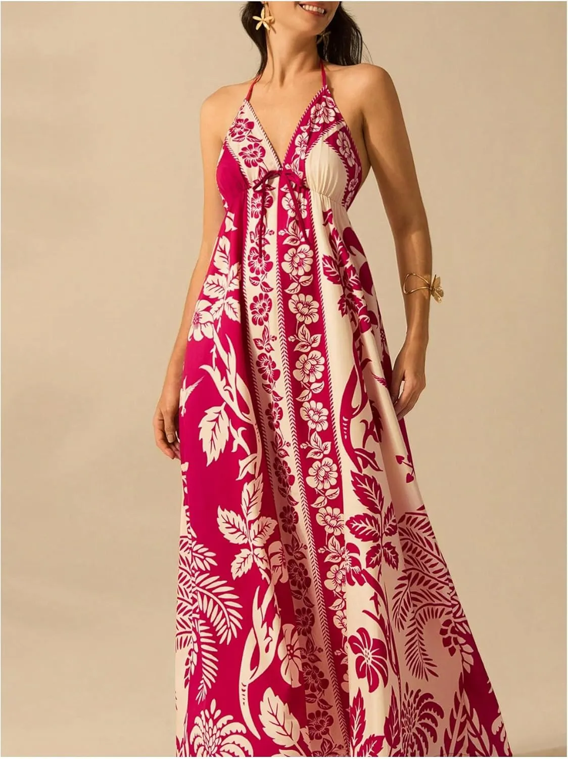 SOLY HUX Women's Boho Floral Print Maxi Dress Halter Backless Flowy Long Vacation Beach Summer Dresses
