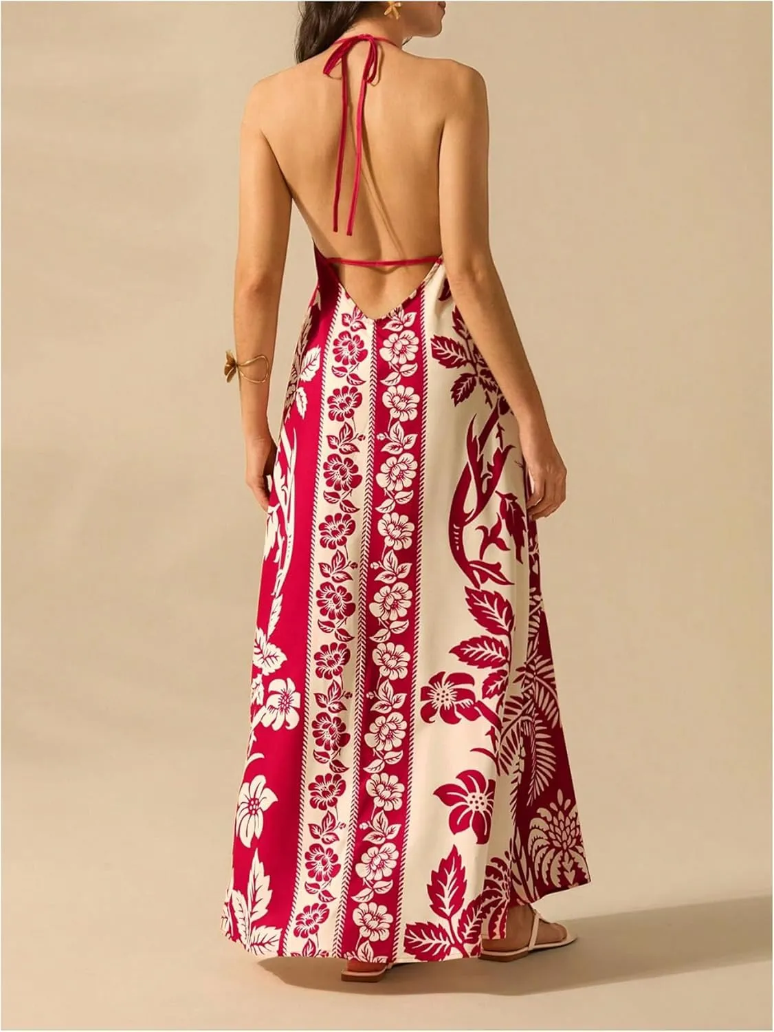 SOLY HUX Women's Boho Floral Print Maxi Dress Halter Backless Flowy Long Vacation Beach Summer Dresses