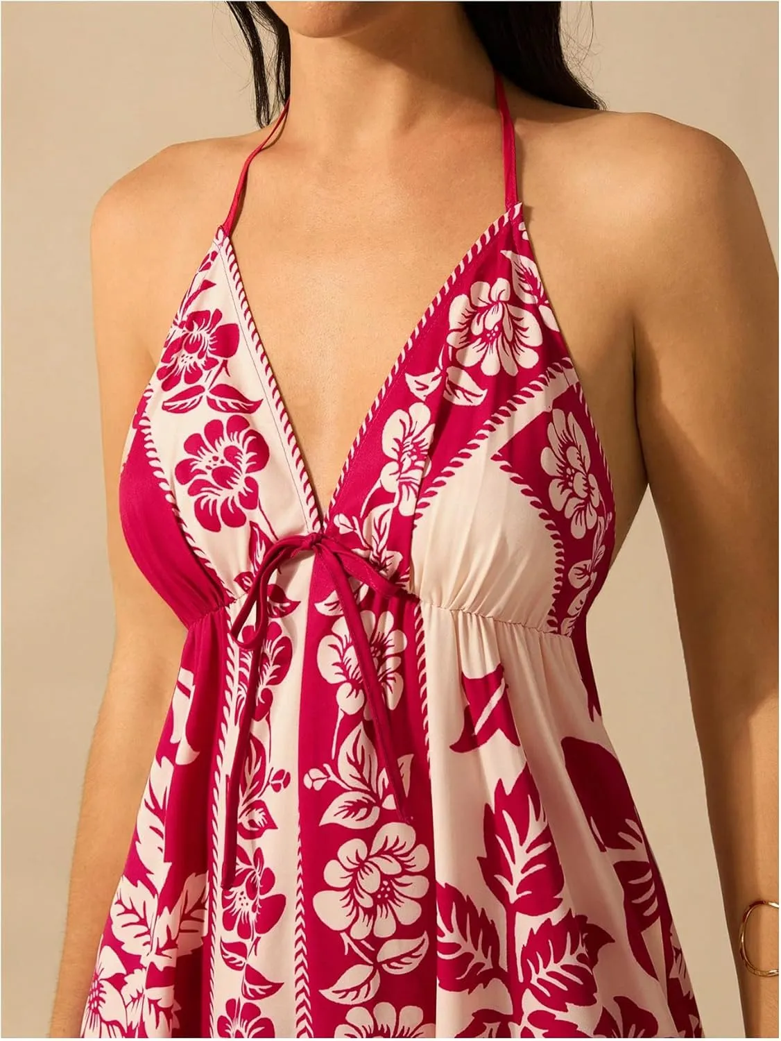 SOLY HUX Women's Boho Floral Print Maxi Dress Halter Backless Flowy Long Vacation Beach Summer Dresses