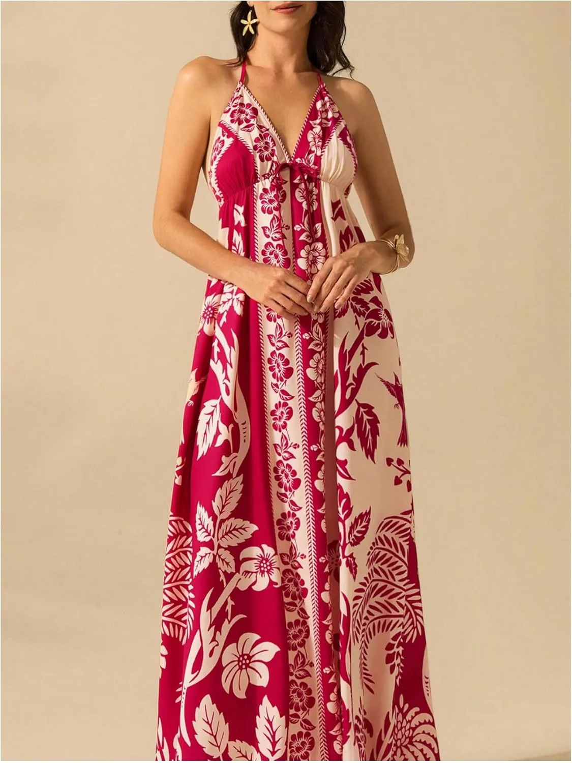 SOLY HUX Women's Boho Floral Print Maxi Dress Halter Backless Flowy Long Vacation Beach Summer Dresses