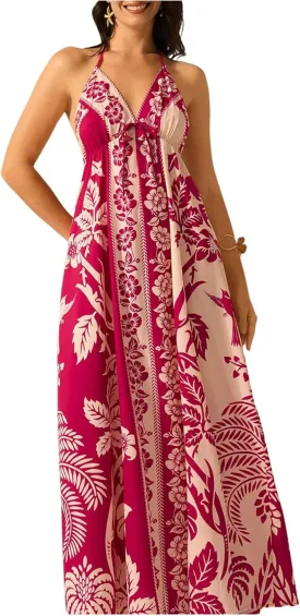SOLY HUX Women's Boho Floral Print Maxi Dress Halter Backless Flowy Long Vacation Beach Summer Dresses
