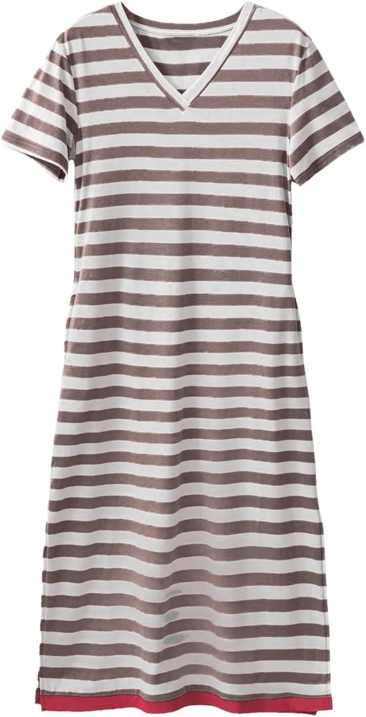 Summer Dress for Women Casual Fashion Short Sleeve V-Neck T Shirt Striped Long Color Block Side Slit Beach Maxi Dress