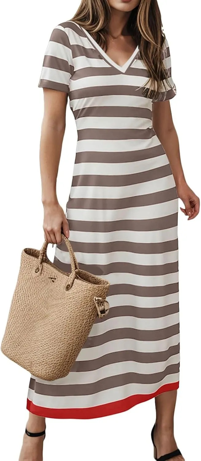 Summer Dress for Women Casual Fashion Short Sleeve V-Neck T Shirt Striped Long Color Block Side Slit Beach Maxi Dress