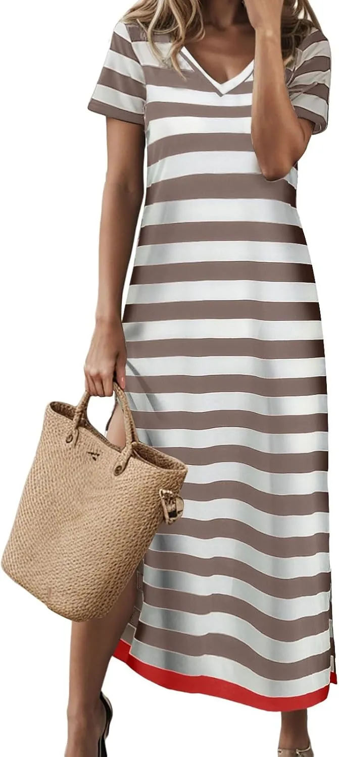 Summer Dress for Women Casual Fashion Short Sleeve V-Neck T Shirt Striped Long Color Block Side Slit Beach Maxi Dress