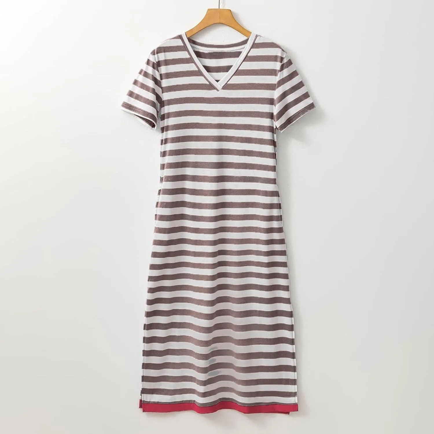 Summer Dress for Women Casual Fashion Short Sleeve V-Neck T Shirt Striped Long Color Block Side Slit Beach Maxi Dress