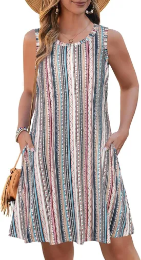 Summer Dresses for Women Beach Boho Sleeveless Vintage Floral Flowy Pocket Tshirt Tank Sundresses