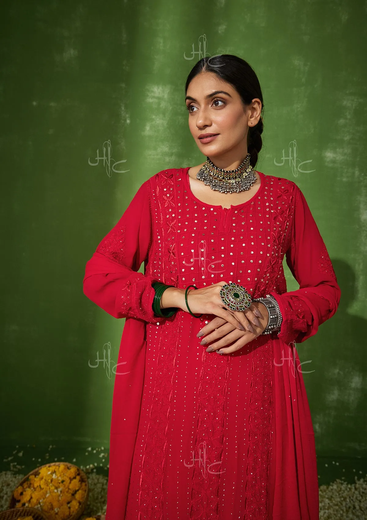 Taibah Chikankari Georgette Straight Kurta Set with Dupatta