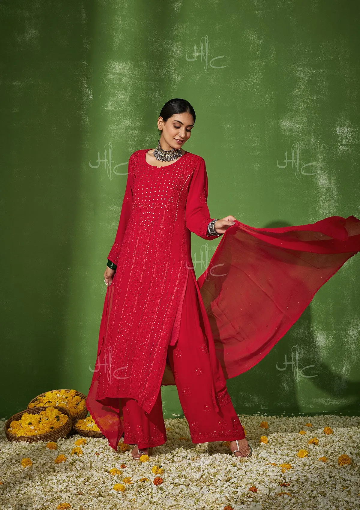 Taibah Chikankari Georgette Straight Kurta Set with Dupatta