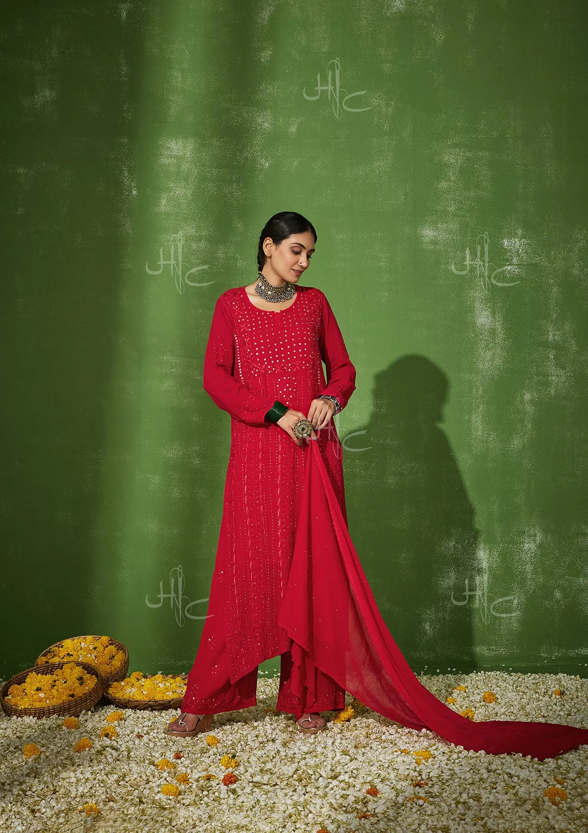 Taibah Chikankari Georgette Straight Kurta Set with Dupatta