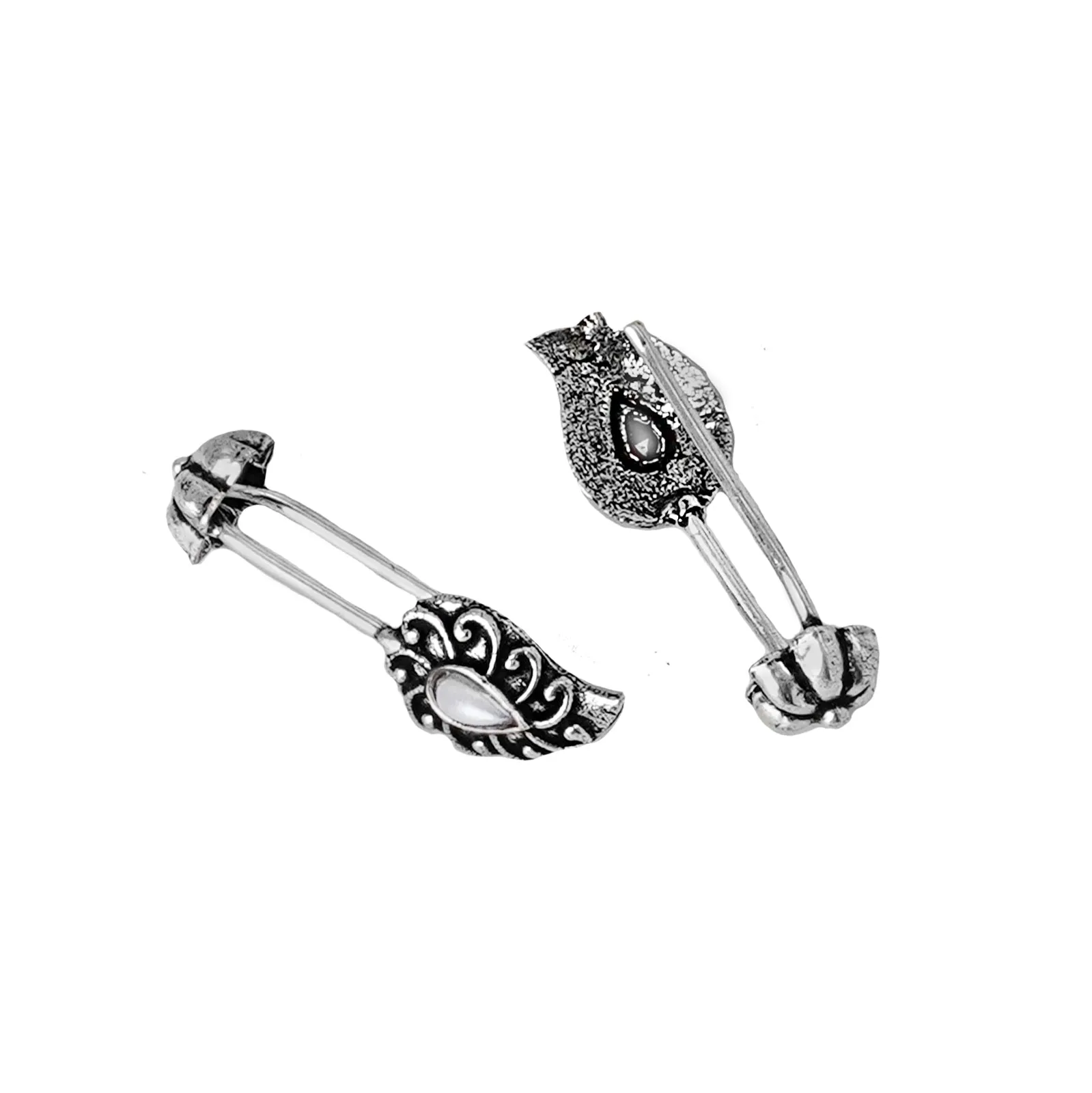 Teejh  Mitali White  Stone Silver Oxidsed Clip On Bugadi