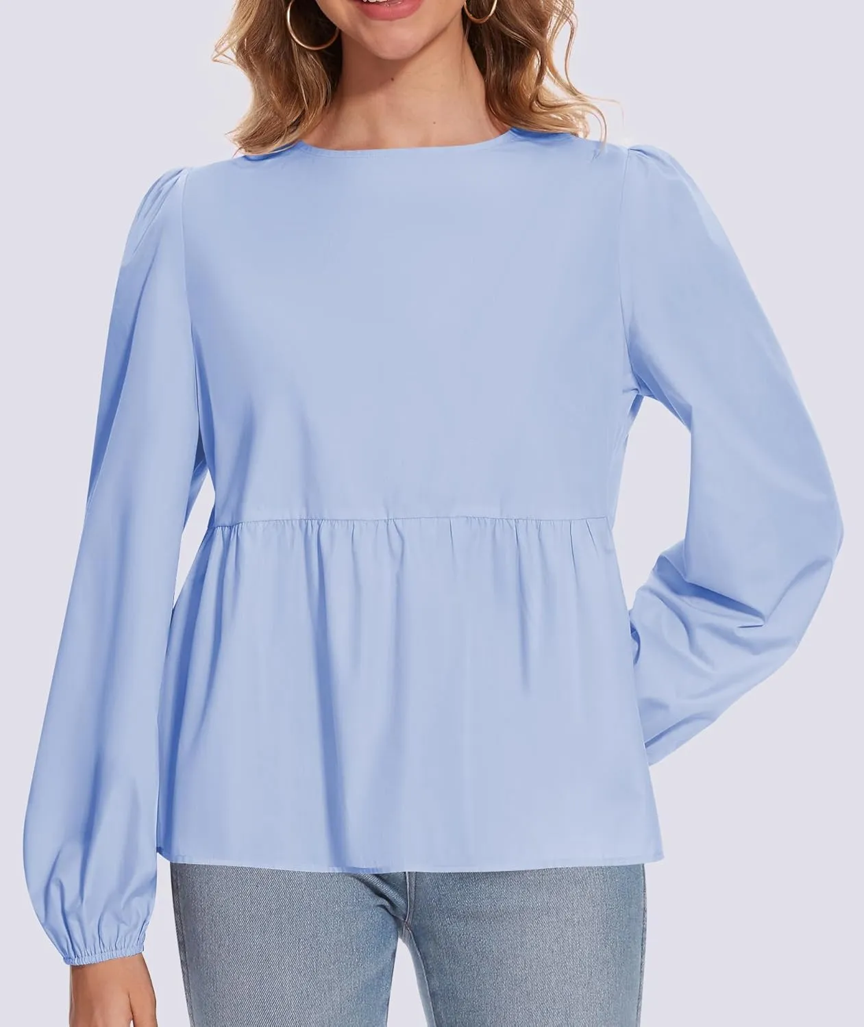 Tie Front Tops for Women Puff Long Sleeve Shirt Peplum Hem Cute Babydoll Blouse Y2k Going Out Tops