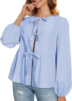 Tie Front Tops for Women Puff Long Sleeve Shirt Peplum Hem Cute Babydoll Blouse Y2k Going Out Tops