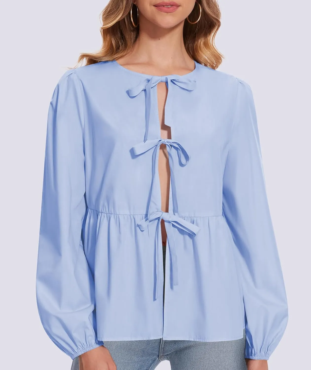 Tie Front Tops for Women Puff Long Sleeve Shirt Peplum Hem Cute Babydoll Blouse Y2k Going Out Tops