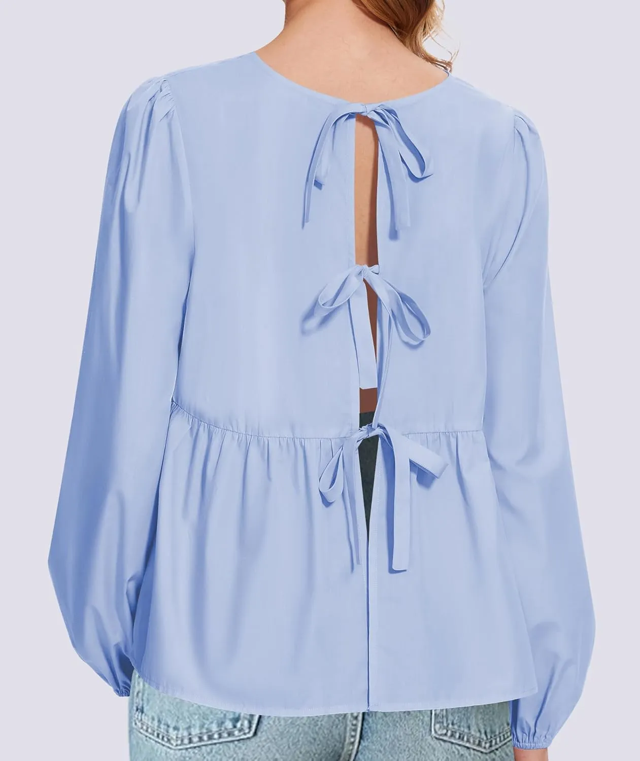 Tie Front Tops for Women Puff Long Sleeve Shirt Peplum Hem Cute Babydoll Blouse Y2k Going Out Tops