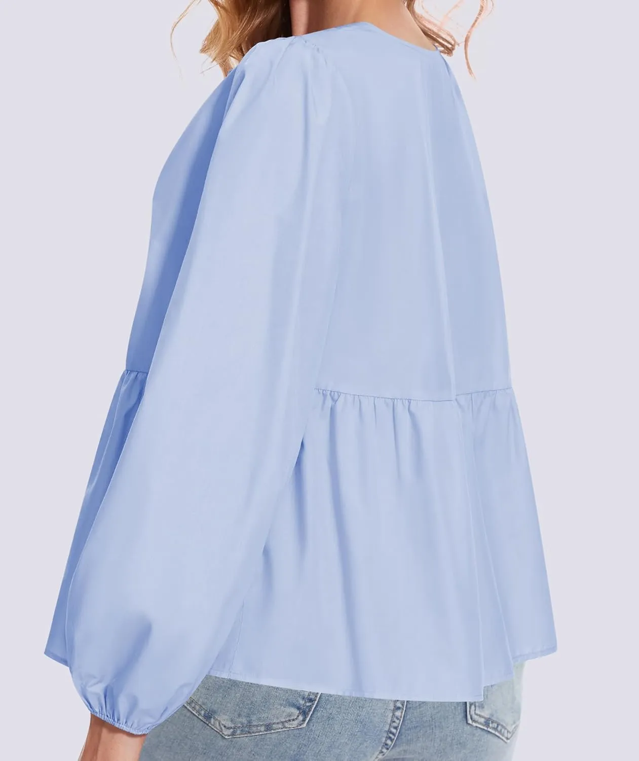 Tie Front Tops for Women Puff Long Sleeve Shirt Peplum Hem Cute Babydoll Blouse Y2k Going Out Tops