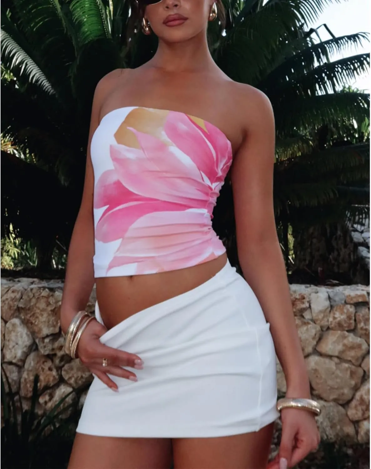 Tube Top Women Sexy Sleeveless Backless Strapless Bandeau Teen Girl Y2k Cute Floral Graphic Going Out Crop Shirt