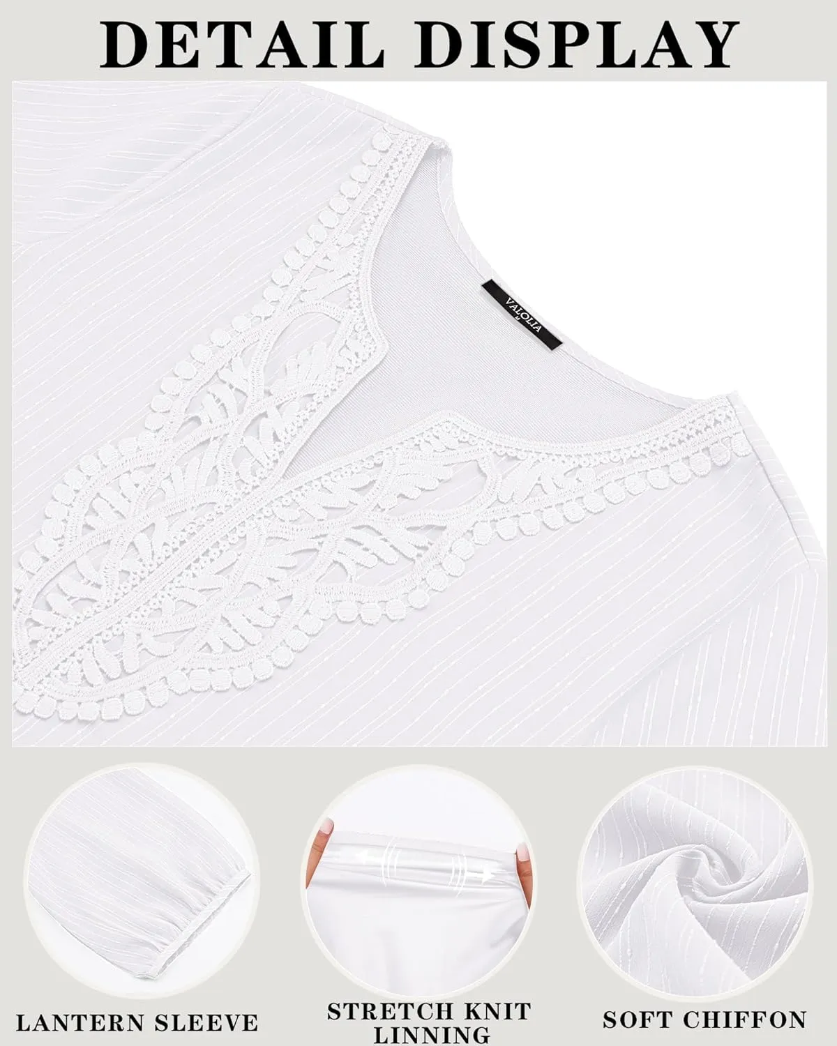 VALOLIA Women's Casual 3/4 Sleeve Chiffon Blouses V Neck Layered Embroidery Tunic Shirts