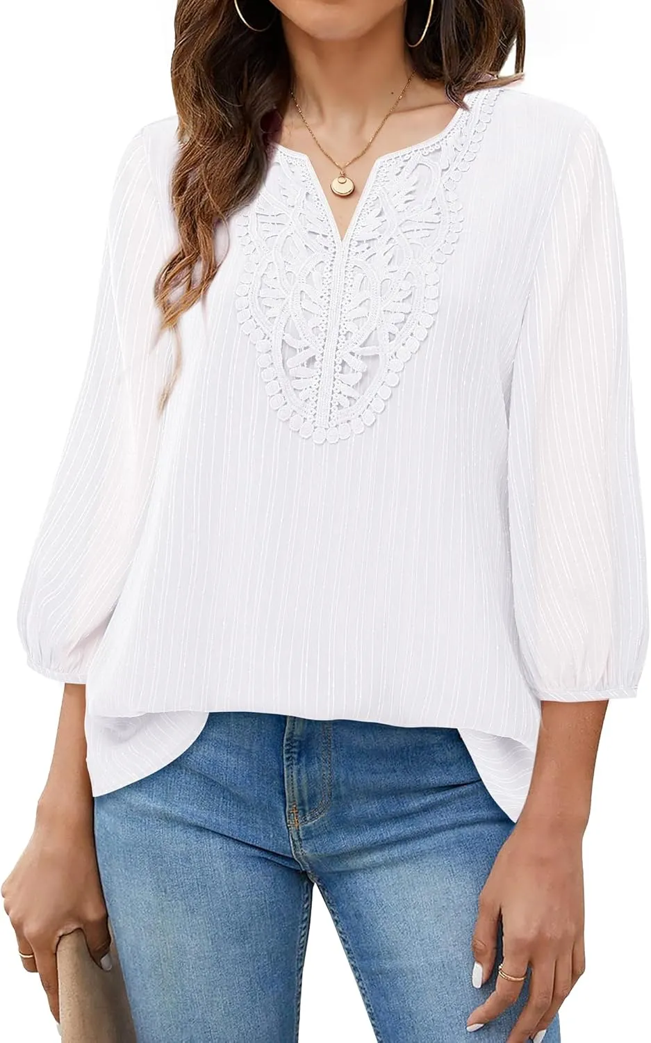 VALOLIA Women's Casual 3/4 Sleeve Chiffon Blouses V Neck Layered Embroidery Tunic Shirts