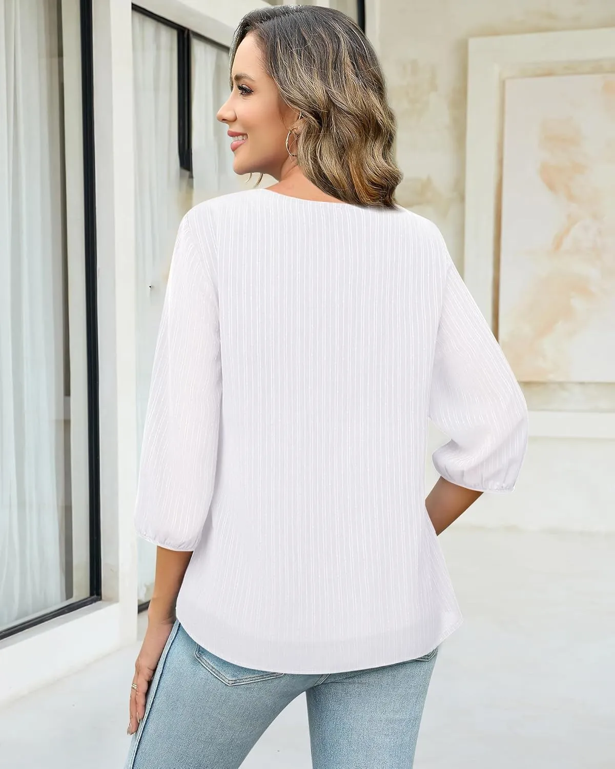 VALOLIA Women's Casual 3/4 Sleeve Chiffon Blouses V Neck Layered Embroidery Tunic Shirts