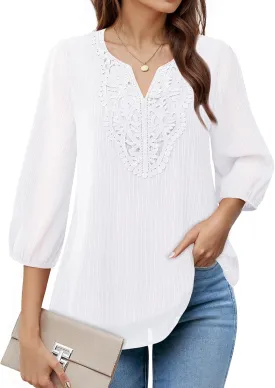 VALOLIA Women's Casual 3/4 Sleeve Chiffon Blouses V Neck Layered Embroidery Tunic Shirts