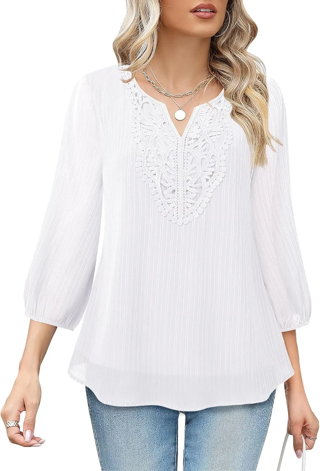 VALOLIA Women's Casual 3/4 Sleeve Chiffon Blouses V Neck Layered Embroidery Tunic Shirts