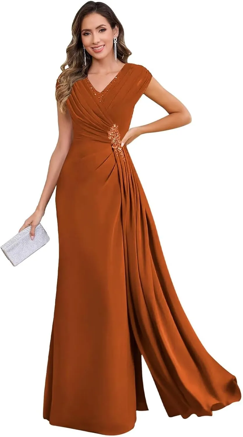 VCCICANY Cap Sleeves Mermaid Mother of The Bride Dresses Long for Women Chiffon Ruched V Neck Formal Dresses