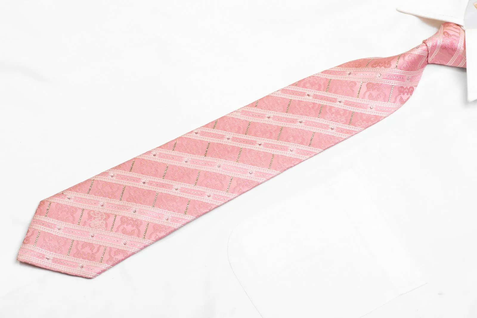 White Striped On Pink Rhinestone Silk Tie With Silver Sparkles