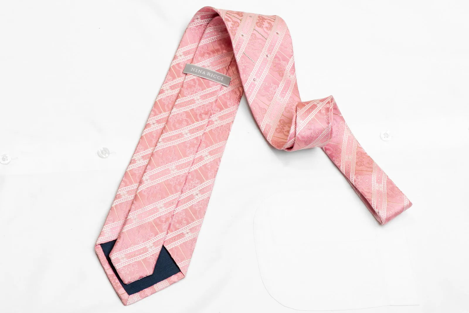 White Striped On Pink Rhinestone Silk Tie With Silver Sparkles