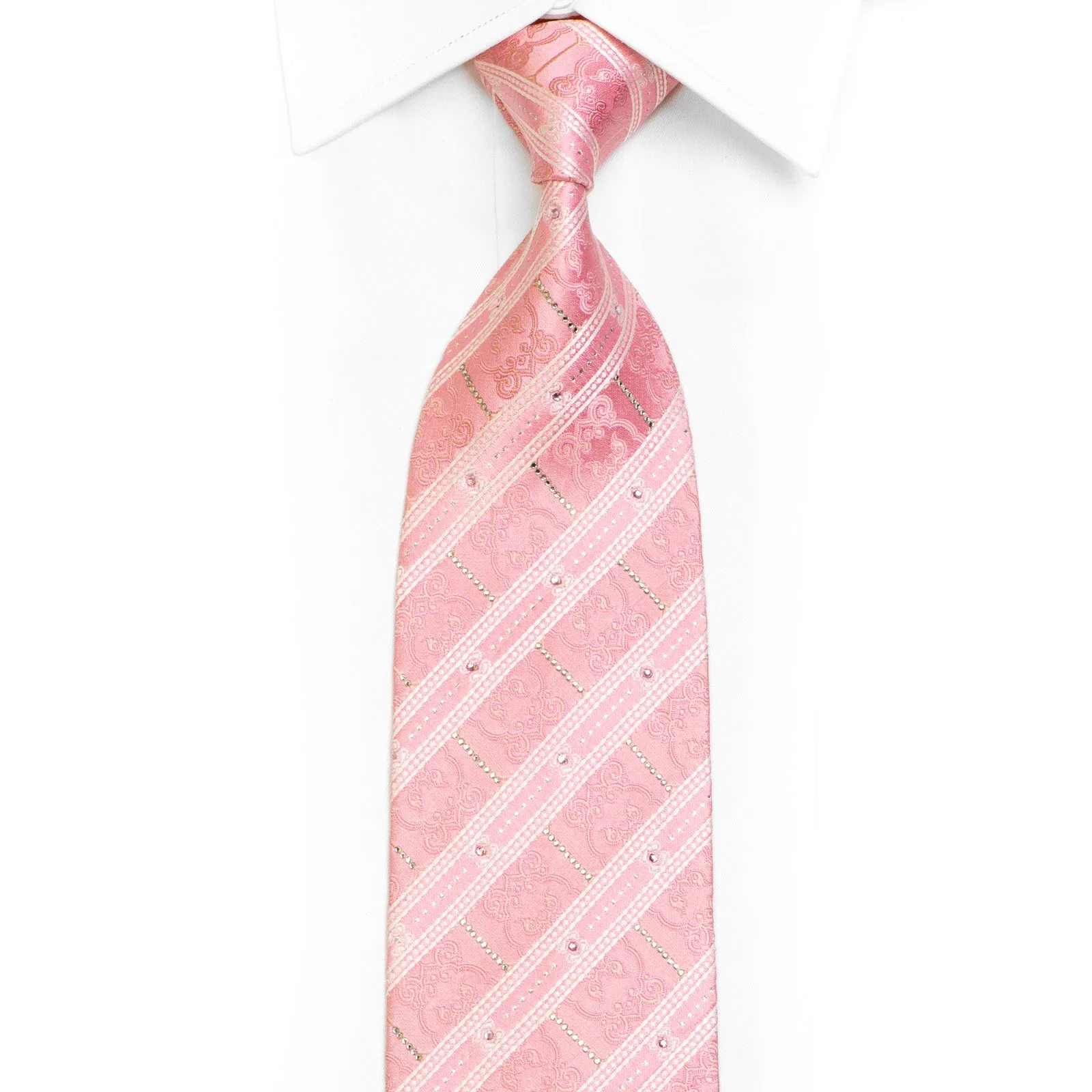 White Striped On Pink Rhinestone Silk Tie With Silver Sparkles