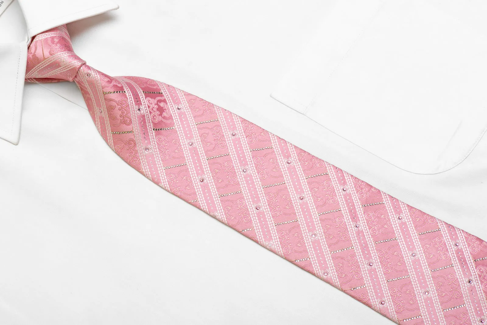 White Striped On Pink Rhinestone Silk Tie With Silver Sparkles