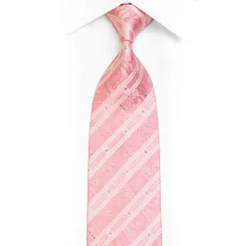 White Striped On Pink Rhinestone Silk Tie With Silver Sparkles